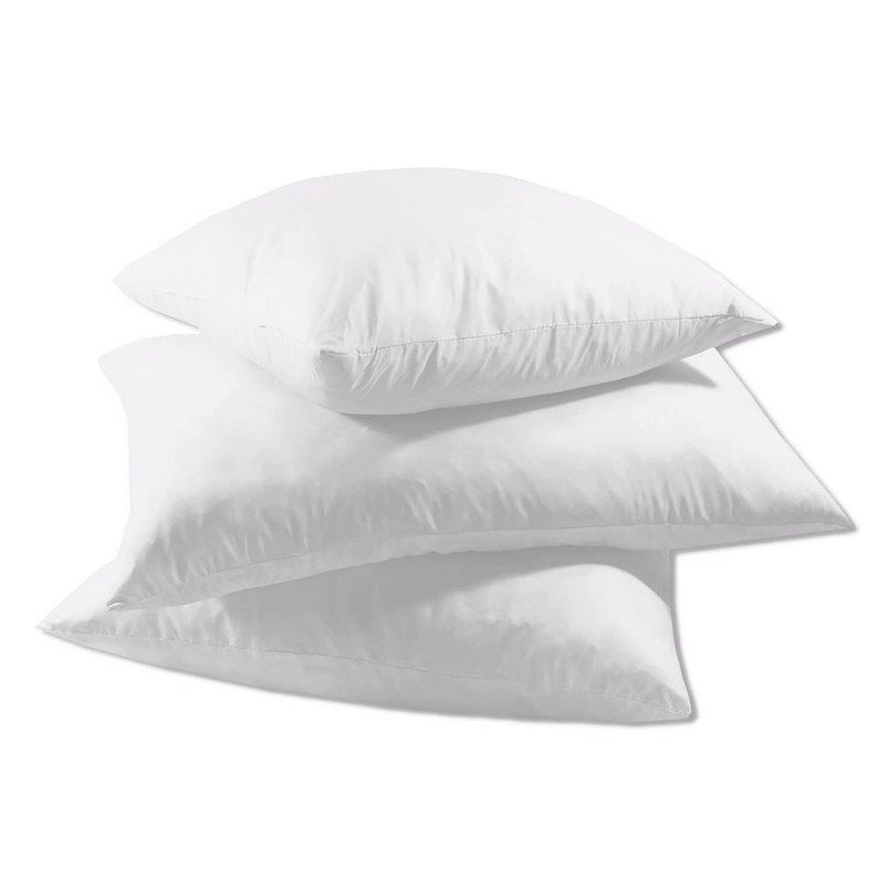 May include: Three white square pillows stacked on top of each other. The pillows are made of a soft, smooth fabric and appear to be filled with a fluffy material. The pillows are a bright white color and are evenly lit.