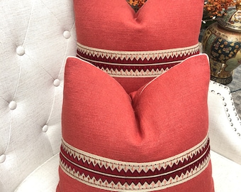 High End Medium Weight Linen in Red with Samuel & Sons Uxmal Applique inTerra, Decorative Pillows