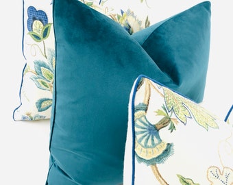 Blue/Green Plush Velvet Pillow, Decorative High End Pillow Covers, Designer Fabrics, Accent Throw Pillow & Cushion Cover