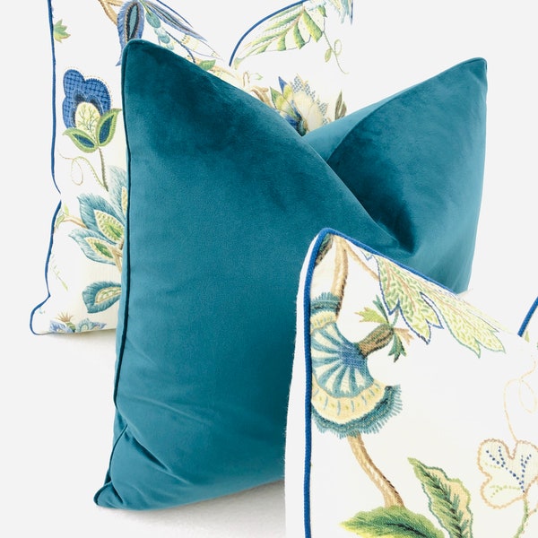 Blue/Green Plush Velvet Pillow, Decorative High End Pillow Covers, Designer Fabrics, Accent Throw Pillow & Cushion Cover