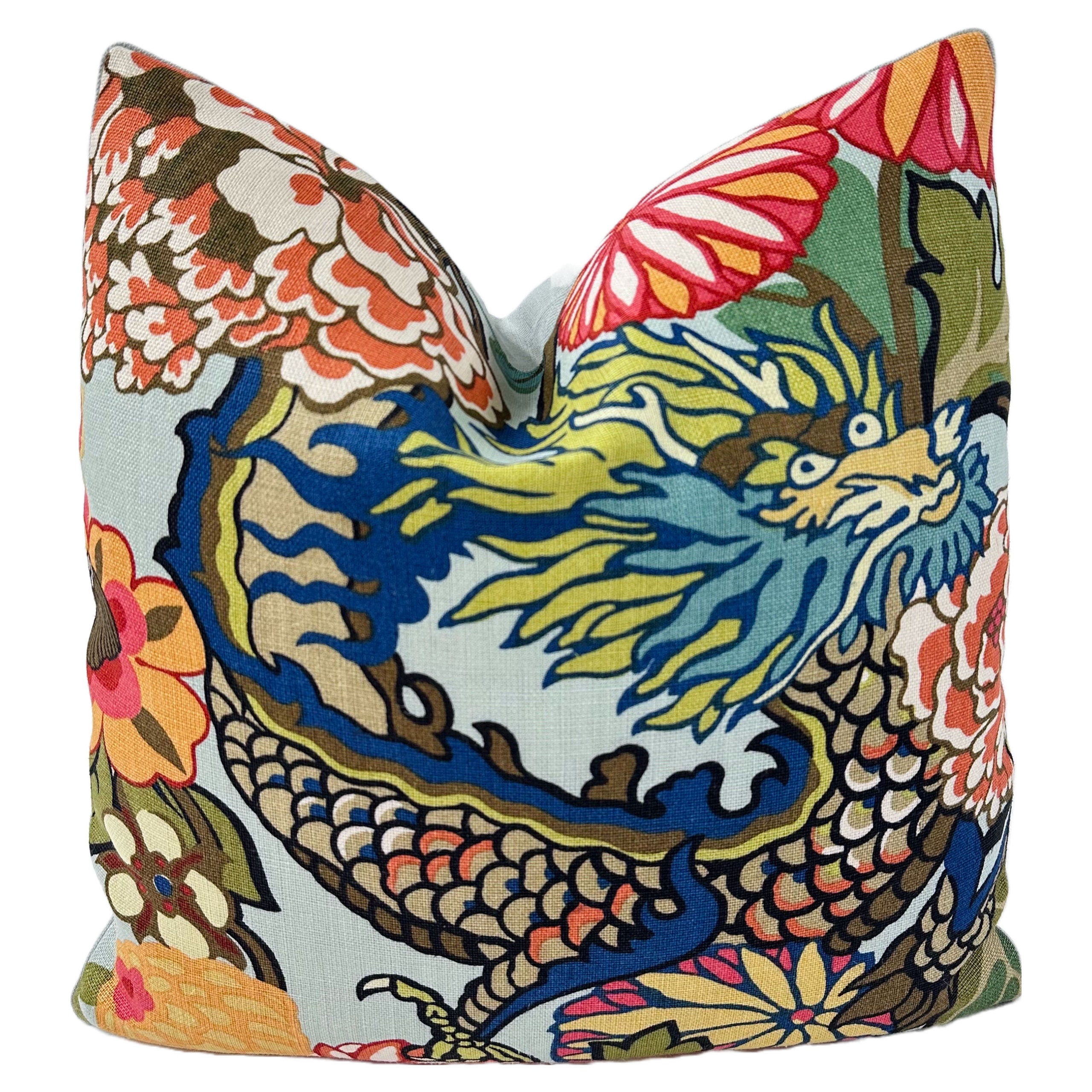 Schumacher - Chiang Mai Dragon in Aquamarine // Made to Order // Decorative High End Pillow Covers, Designer Fabrics