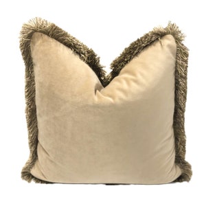 May include: A beige velvet pillow with a brown fringe border.