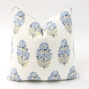 Lisa Fine Textiles - Mughal Flower in Monsoon Decorative Pillow Covers,// MADE TO ORDER//  Plain White Back, Light Blue Welting, 100% Linen