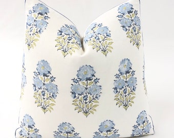 Lisa Fine Textiles - Mughal Flower in Monsoon Decorative Pillow Covers,// MADE TO ORDER//  Plain White Back, Light Blue Welting, 100% Linen