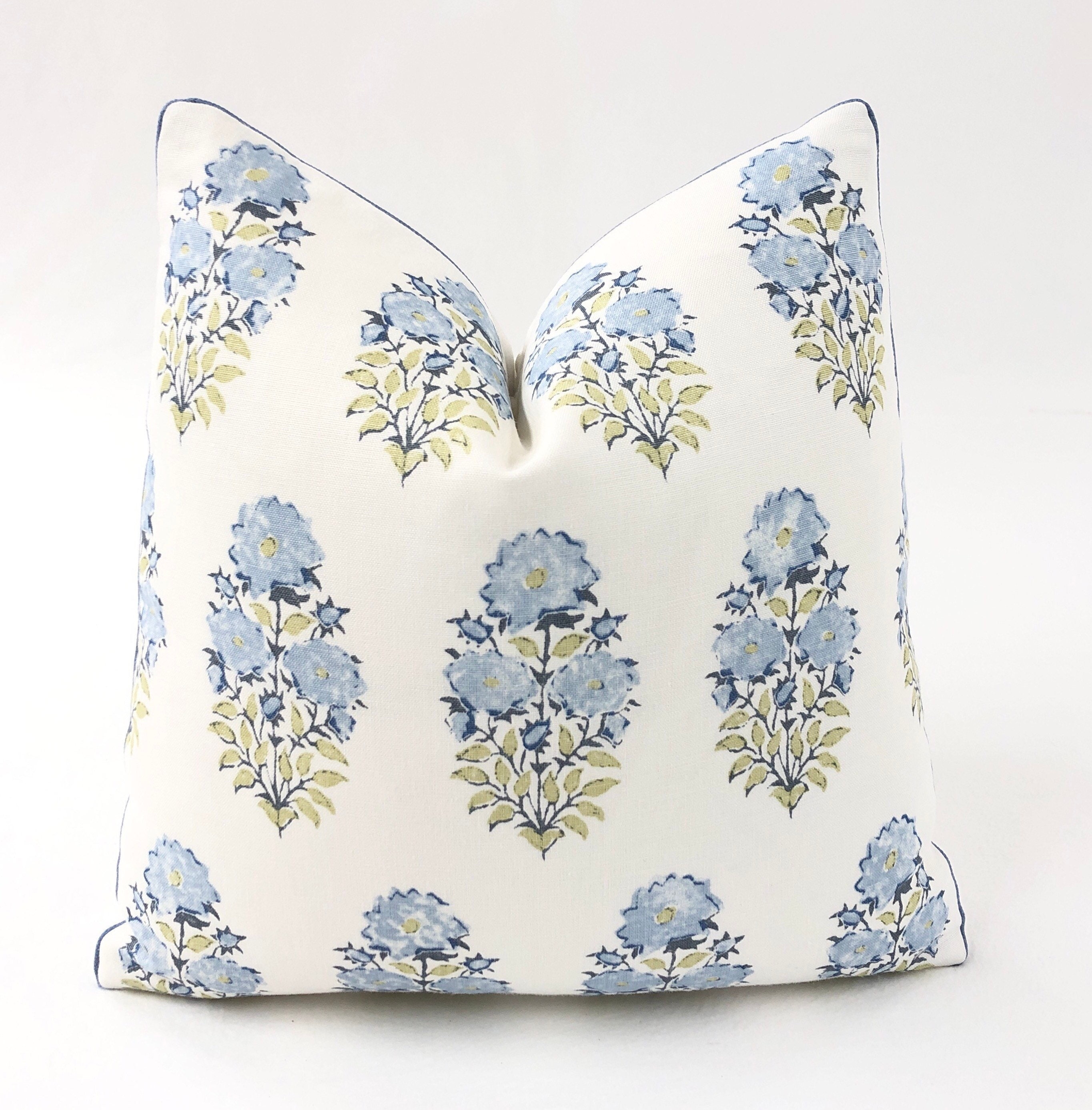 Lisa Fine Textiles - Mughal Flower in Monsoon Decorative Pillow Covers,// MADE TO ORDER//  Plain White Back, Light Blue Welting, 100% Linen