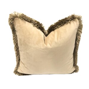 May include: A beige velvet pillow with a brown fringe border.