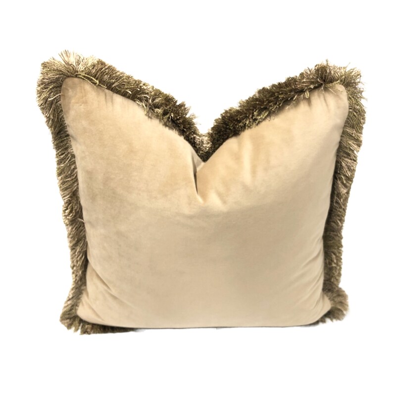 May include: A beige velvet pillow with a brown fringe border.