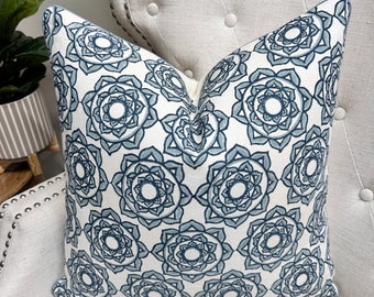 Schumacher Rose Hand Block Print in Blue Pillow Cover — Floral Designer Throw Pillow