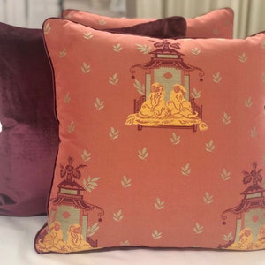 Pierre Frey - Reveurs D&#39;asie in Red, Pillow Cover, Designer Fabric Handcrafted Decorative Pillow, High-End Designer Throw Pillow, Home Decor