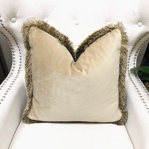 May include: A beige velvet pillow with a brown fringe trim. The pillow is sitting on a white chair.