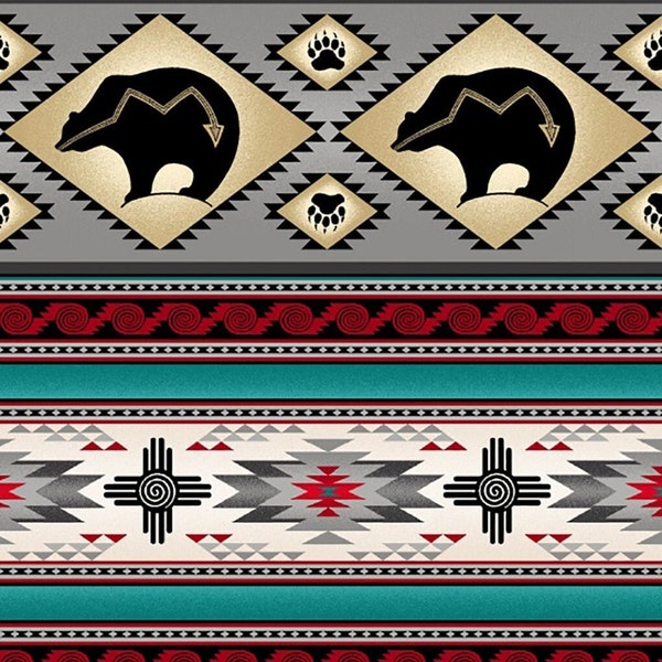 Tucson Southwest Bear Stripe in Gray 100% Cotton Fabric From Elizabeth's Studios