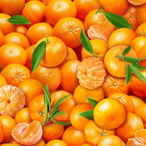 May include: A vibrant image showcasing a dense arrangement of ripe tangerines. The scene is filled with the bright orange fruit, some whole, some peeled, and some in segments, interspersed with green leaves. The composition creates a visually appealing, fresh, and natural aesthetic.