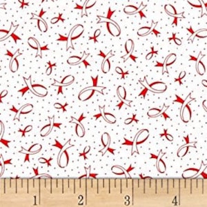Ribbon Fabric Cancer Awareness Ribbons Of Hope in Red 100% Cotton Fabric from Quilting Treasures