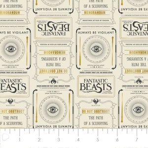 Fantastic Beast Fabric Newsprint & Symbols in Cream with Metallic Gold 100% Cotton Fabric From Camelot