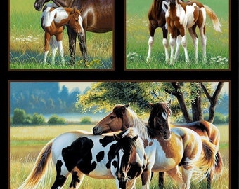 Pasture Buddies Horse Panel 24"x43" in Black 100% Cotton from Elizabeth Studios