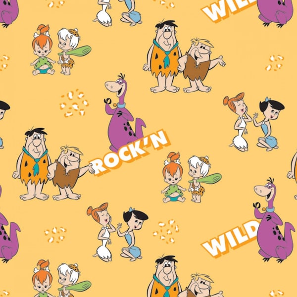 Flintstones Fabric Gang's a Rock'n in Yellow Premium Quality 100% Cotton Fabric From Camelot