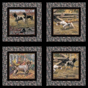 May include: Four framed images of German Shorthaired Pointers in a hunting scene. The dogs are brown and white with black noses and are shown in different poses, including pointing, running, and standing. The images are set against a backdrop of fall foliage and a wooden fence.