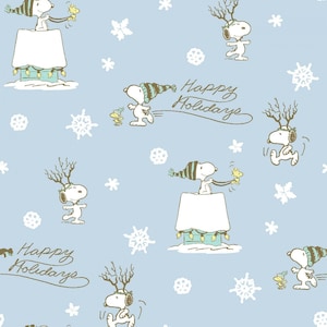 Peanuts Fabric Snoopy and Woodstock Christmas Happy Holidays in Light Blue 100% Cotton Fabric From Springs Creative