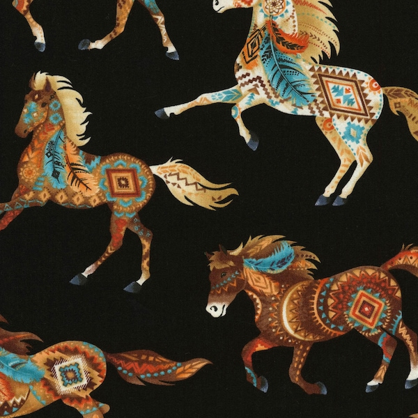 Horse Fabric Out West Horses in Black Premium Quality 100% Cotton Fabric From Timeless Treasures