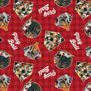 Saturday Evening Post Magazine Fabric Play Ball Baseball in Red 100% Cotton Fabric From Springs Creative