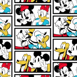 May include: A colorful cartoon pattern featuring Mickey Mouse, Minnie Mouse, Donald Duck, Goofy, and Pluto. The characters are shown in different poses and expressions, with a white background and black borders around each image.