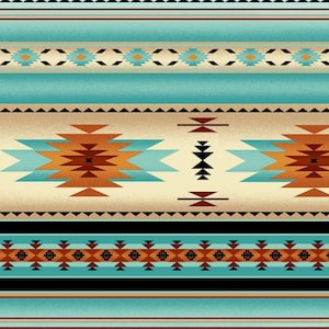 May include: Southwestern-style pattern with repeating geometric designs in turquoise, brown, black, and cream. The design features horizontal bands with diamond and triangle motifs, creating a textured, layered effect.