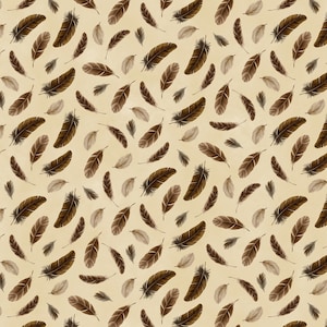 May include: A seamless pattern featuring brown and beige feathers on a cream background. The feathers are arranged in a random pattern, creating a natural and organic feel.