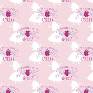May include: A pink background with a repeating pattern of white silhouettes of a girl in a dress, with the text "The Power of the Amulet" in purple and white.