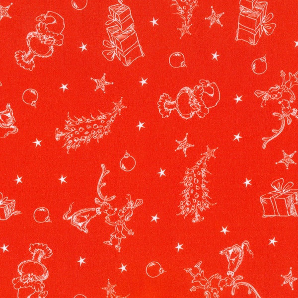 Dr. Seuss How the Grinch Stole Christmas White Outlines on Red 100% Cotton Fabric from Robert Kaufman