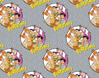 Flintstones Fabric Stone Age Family in Gray Premium Quality 100% Cotton Fabric From Camelot