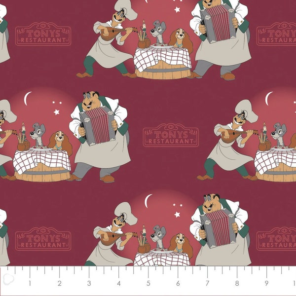 Disney Fabric Lady and the Tramp Fabric Bella Notte in Burgundy Premium Quality 100% Cotton Fabric From Camelot