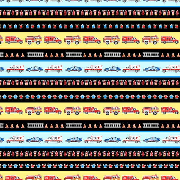 Save the Day Fabric Emergency Vehicle Stripe in Multi Glows In The Dark Premium Quality 100% Cotton Fabric From Benartex