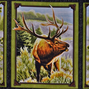 Elk Fabric 24&quot;x43&quot; Panel Mountain Elk in Green 100% Cotton Fabric From Quilting Treasures
