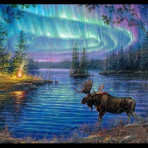 Moose Fabric Panel Northern Lights Premium Quality 100% Cotton Fabric From Elizabeth's Studios