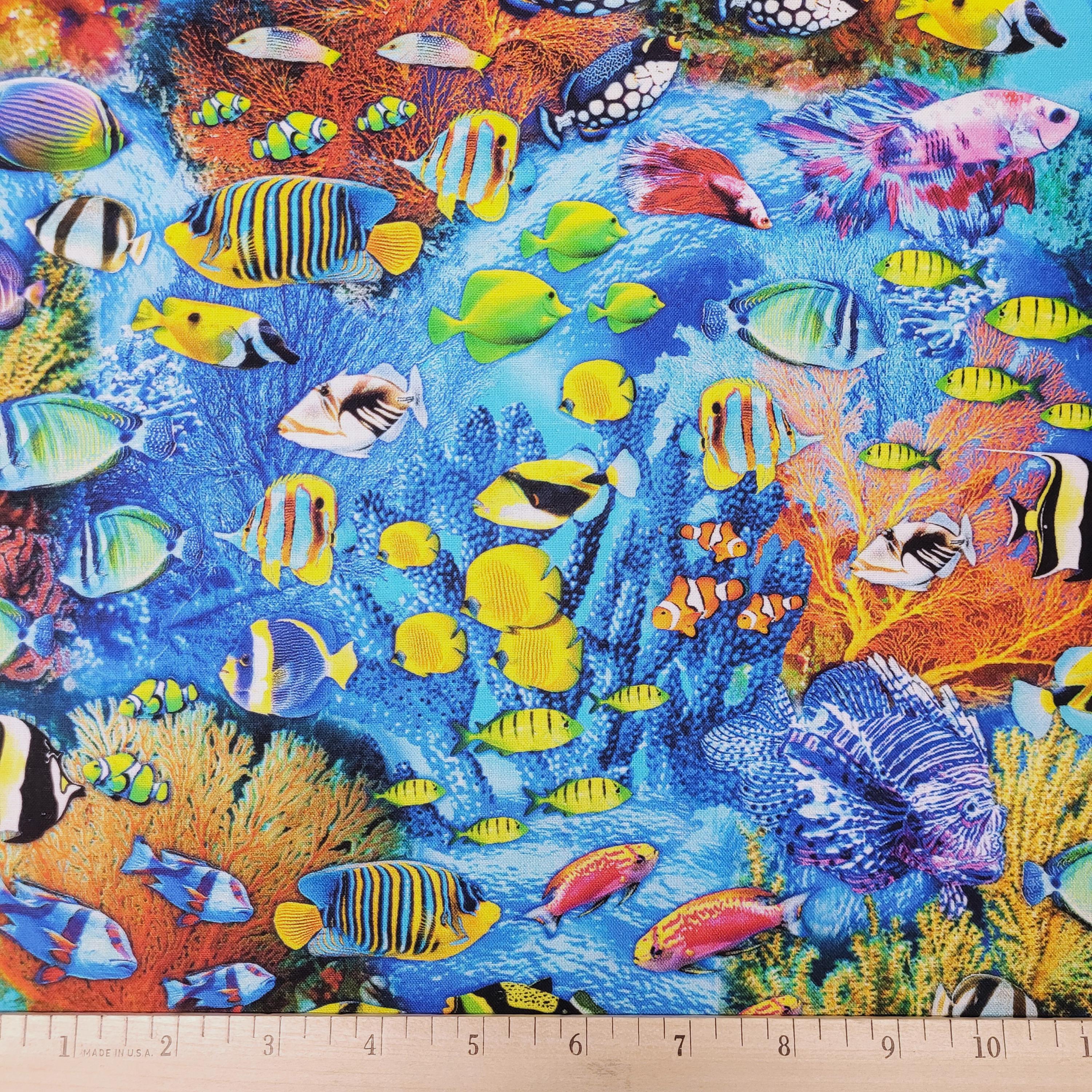 Ocean Fabric Azure Sea Life Fish Fabric in Blue 100% Cotton Fabric From ...