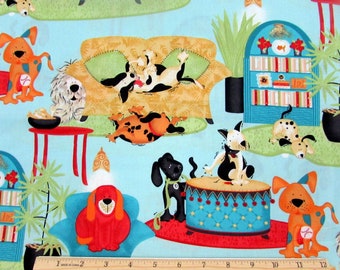 Dog Fabric House Dogs in Blue 100% Cotton Fabric From Springs Creative