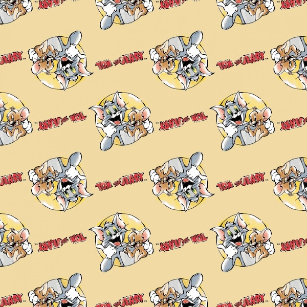 Tom and Jerry Fabric Together Angle in Yellow Hanna-Barbera Premium Quality 100% Cotton Fabric From Camelot