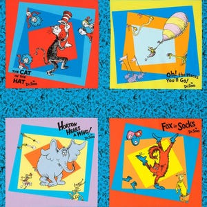 May include: A collage of four colorful squares featuring illustrations from classic Dr. Seuss books. The top left square shows the Cat in the Hat, the top right square shows a character from Oh, the Places You'll Go!, the bottom left square shows Horton Hears a Who!, and the bottom right square shows Fox in Socks.