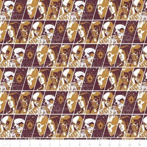 May include: A repeating pattern featuring a group of characters from the Guardians of the Galaxy. The characters are depicted in a comic book style with a brown and gold color scheme. The background is a dark brown with a white star pattern.