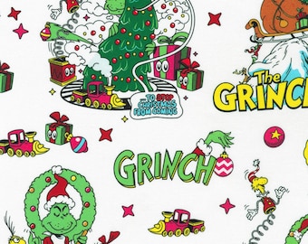 May include: White fabric featuring a repeating pattern of the Grinch, Christmas trees, gifts, and trains. The Grinch is depicted in various scenes, with text that reads "...TO STOP CHRISTMAS FROM COMING" and "The GRINCH". Red, green, and yellow are the primary colors.