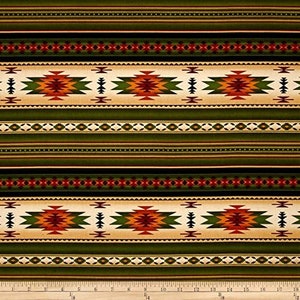 Tucson Fabric Southwest Stripe Indian Blanket Print in Green 100% Cotton Fabric From Elizabeth&#39;s Studios