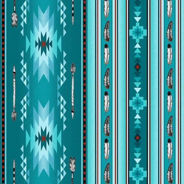 Native Spirit Arrows and Feathers in Turquoise 100% Cotton Fabric From Elizabeth's Studios