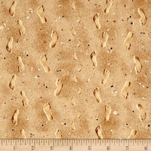 Landscape Medley Fabric Sand Shells Footprints in Tan 100% Cotton Fabric From Elizabeth&#39;s Studios