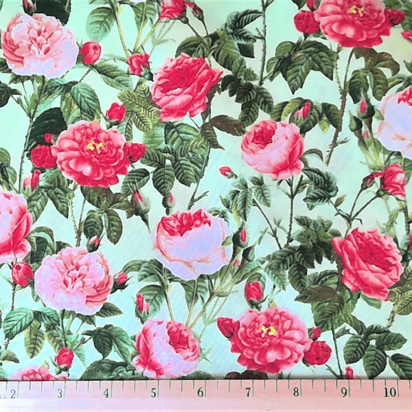 Floral Fabric Spring Fleur Roses in Mint Green Premium Quality 100% Cotton Fabric From David Textiles