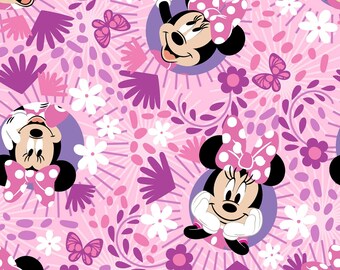 Disney Fabric Minnie Icon Badge on Pink 100% Cotton Fabric From Springs Creative