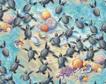 Sea Turtle Fabric Race to Safety Sea Turtles in Multi 100% Cotton Fabric From Elizabeth Studios