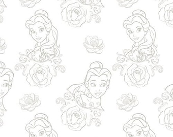 Könnte beinhalten: Ein weißer Hintergrund mit einem sich wiederholenden Muster einer grauen Umrandung von Belle aus Die Schöne und das Biest. Das Muster enthält Rosen, Blätter und Wirbel.