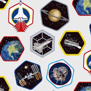 Space Fabric Planetary Missions Patches in White 100% Cotton Fabric from Studio E