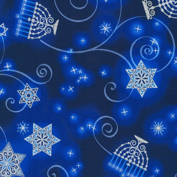 Stars of Light Menorah with Metallic in Navy 100% Cotton Fabric from Robert Kaufman