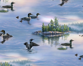 Loon Fabric Blue Loons on the Water Scenic Premium Quality 100% Cotton Fabric From Elizabeth's Studios